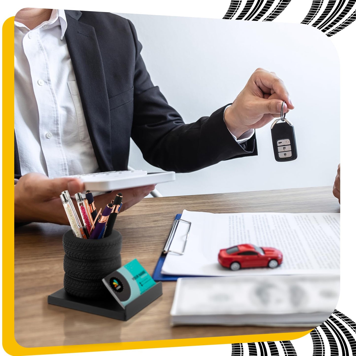 Feifeiya Tire Shape Stationery Set Metal Tire Shaped Pen Holder Business Card Holder Automotive Organizer for Man Desk Office School Cool Mechanic Gifts Car Lovers Accessories