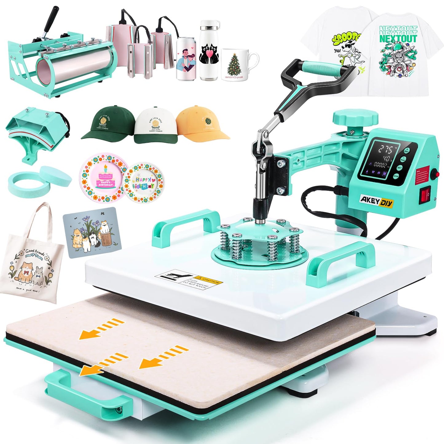 15x15 Heat Press Machine, 8in1 Multi-Purpose Heat Press with 11-30oz Tumbler/Mug/Hat Press, 360° Swing Away/Slide Out Sublimation Tshirt Combo, DIY Heats Transfer Press Vinyl