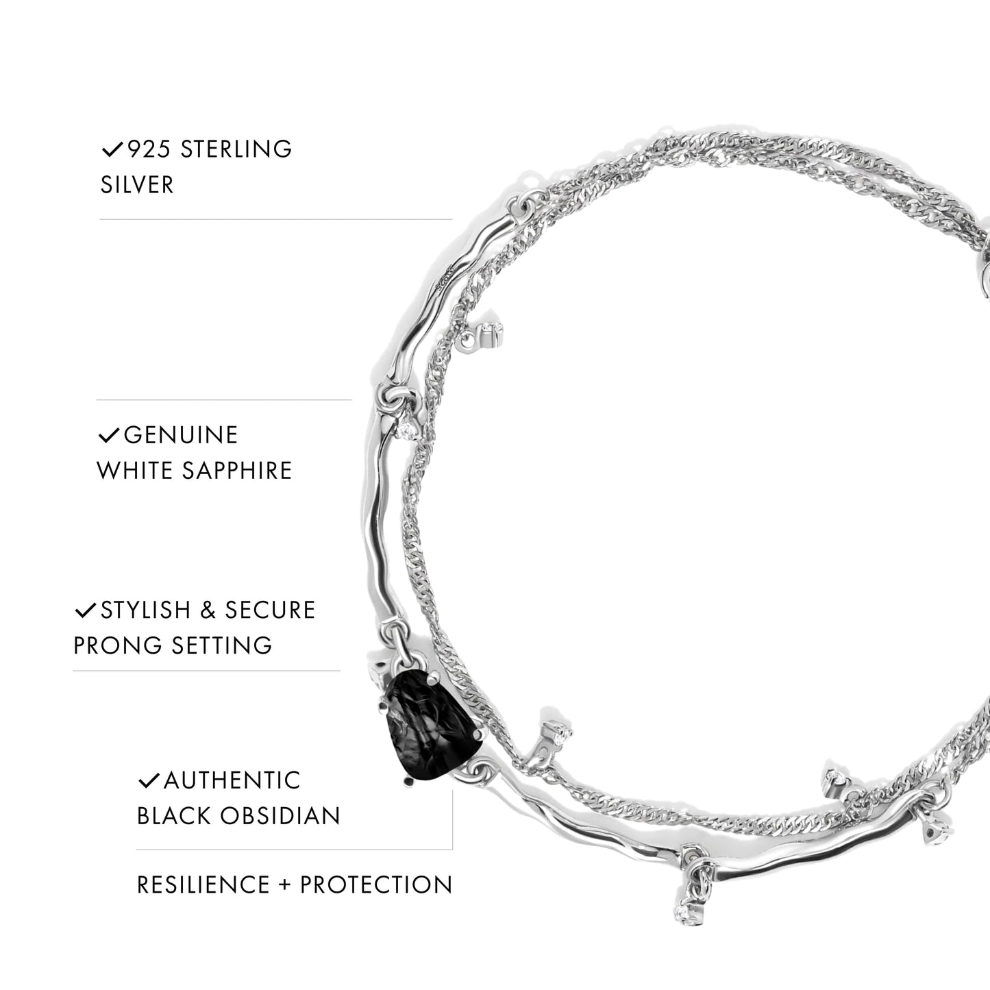 Moon Magic Moonstone Bracelet for Women | Black Obsidian, Rose Quartz Bracelet/Real 925 Sterling Silver | 18k Rose & Yellow Gold Rainbow Genuine Moonstone Jewelry for women | June Birthstone Bracelet