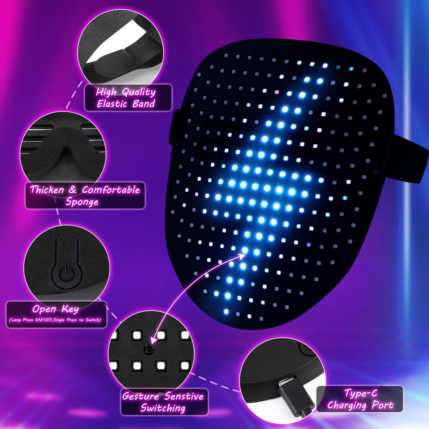 ORWINE LED Mask, Light Up Mask with Gesture Sensing, Unisex LED Lighted Face Transforming Masks for Festival Dj Cosplay Halloween Costume Masquerade Parties Christmas Gifts for Kids