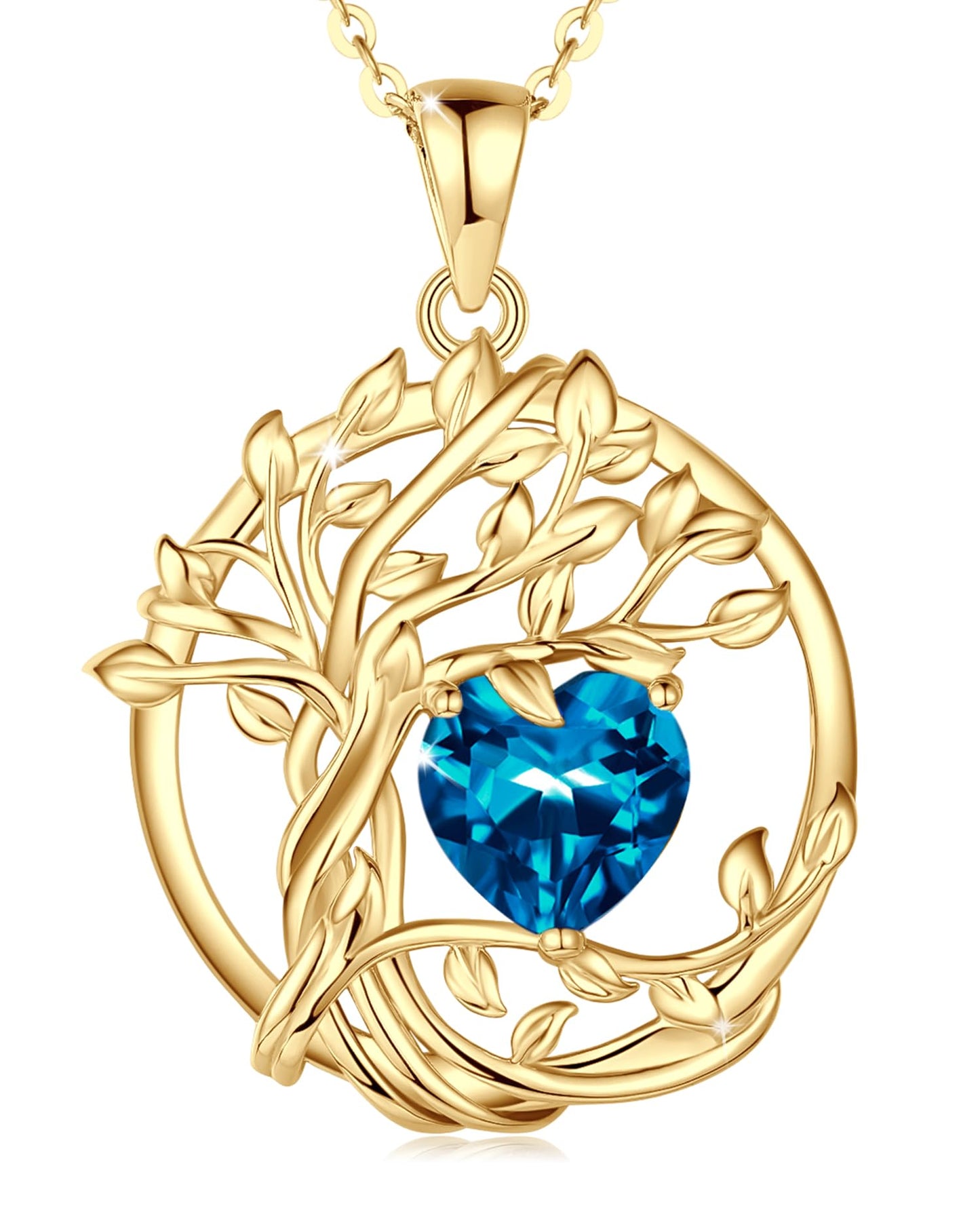 FANCIME Tree of life December Birthstone Necklace for Women Sterling Silver Yellow Gold Plated London Blue Topaz Pendant November Birthday Jewelry Mothers Day Gifts for Wife Mom Her
