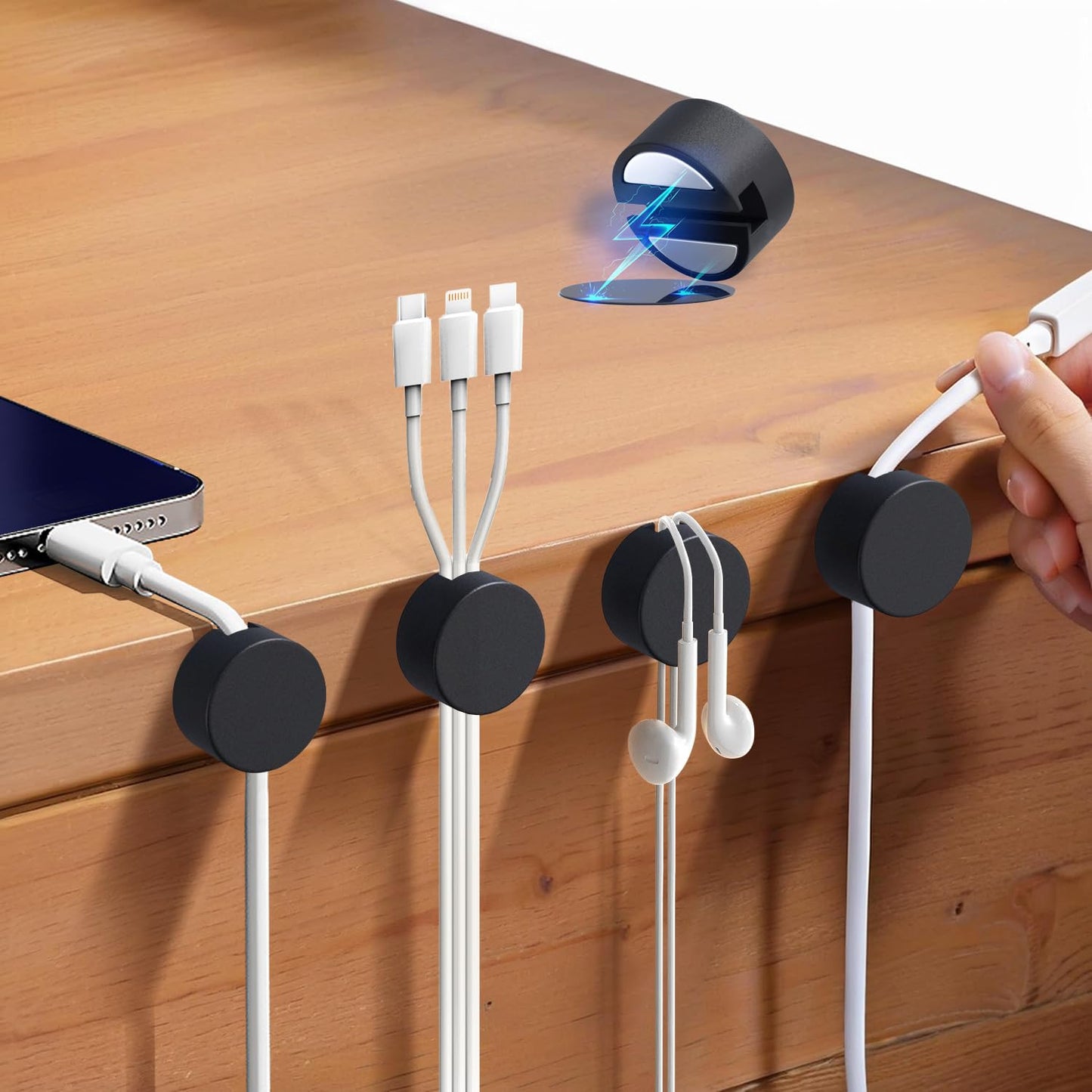 Maveek Magnetic Cord Clips Black, Silicone Cord Organizer Magnet Cable Holder Charging Cable Management Cord Keeper with Adhesive Metal Disc (5 Piece, Large Size)