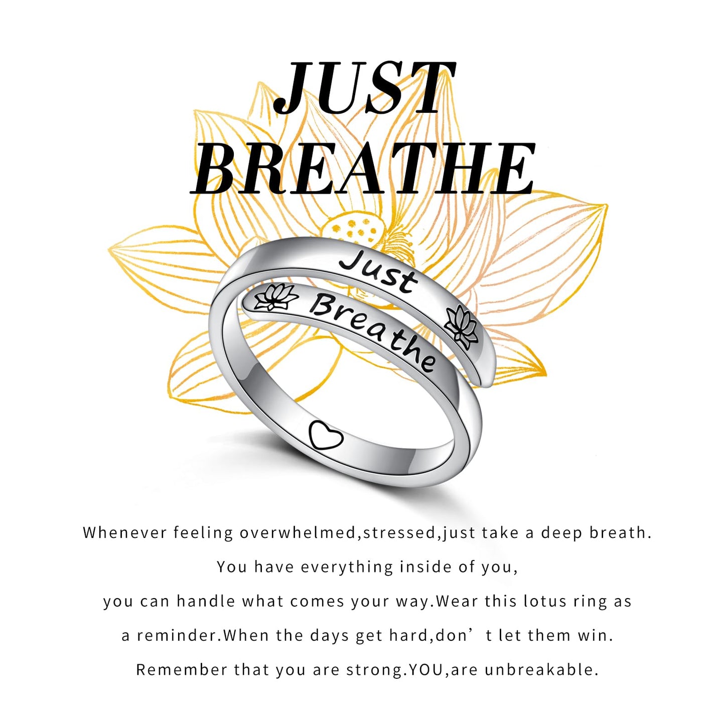Ladytree Adjustable Inspirational Rings 925 Sterling Silver Yoga Lotus Flower Stacking Wrap Spiral Twist Statement Band Encouragement Jewelry Heartfelt Gifts for Women Yoga Lover(Just Breathe)