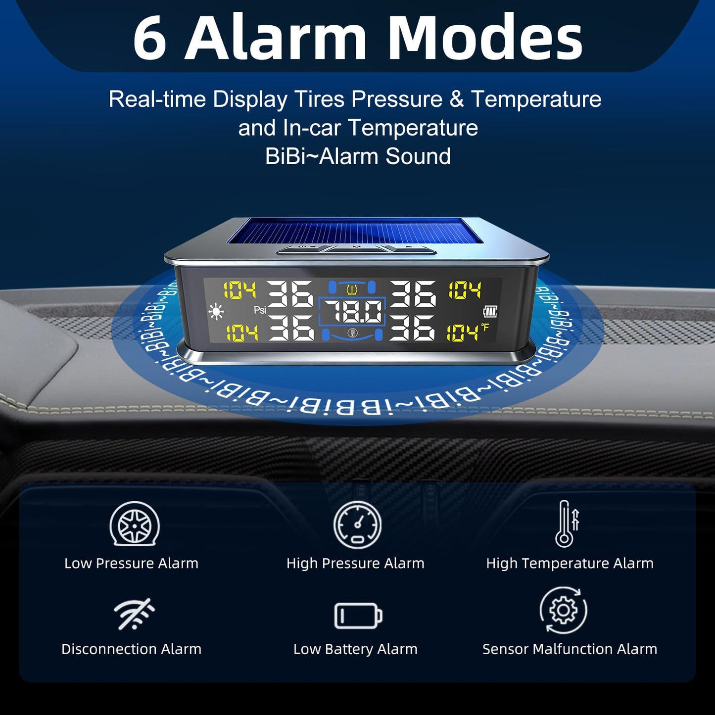 Zradnox Tire Pressure Monitoring System - TPMS with Solar & USB Charger, Tire Pressure Monitor System with 4 External sensors & 6 Alarm Modes, LCD Real-time Display, Auto on/Off Mode, Easy to Install