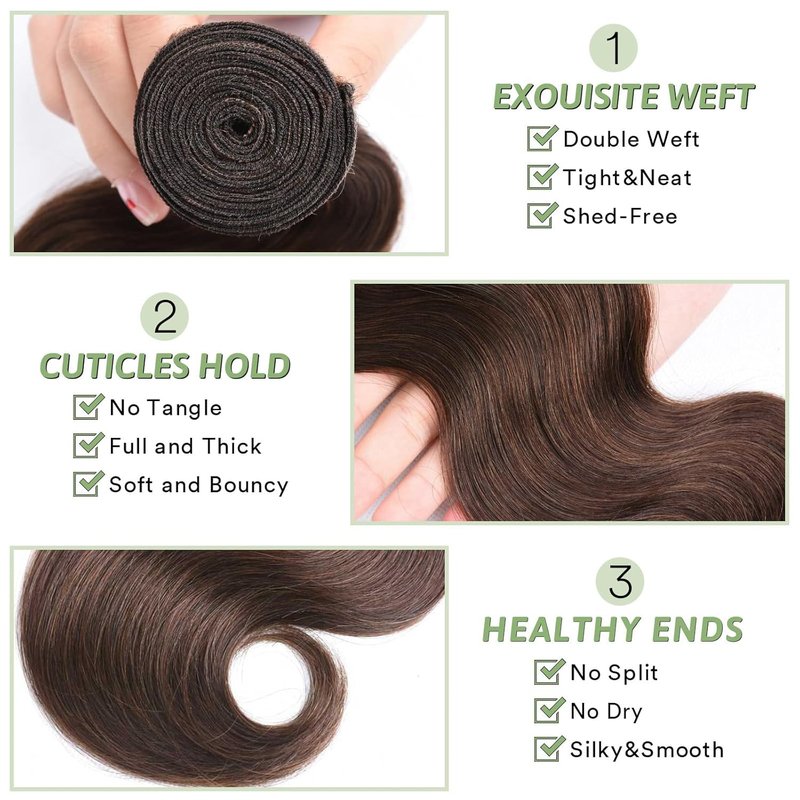 #4 Chocolate Brown Human Hair Bundles Body Wave 12 12 12 inch 100% Unprocessed Brazilian Virgin Hair Extensions 12A Quick Weave Bundles Human Hair Double Weft