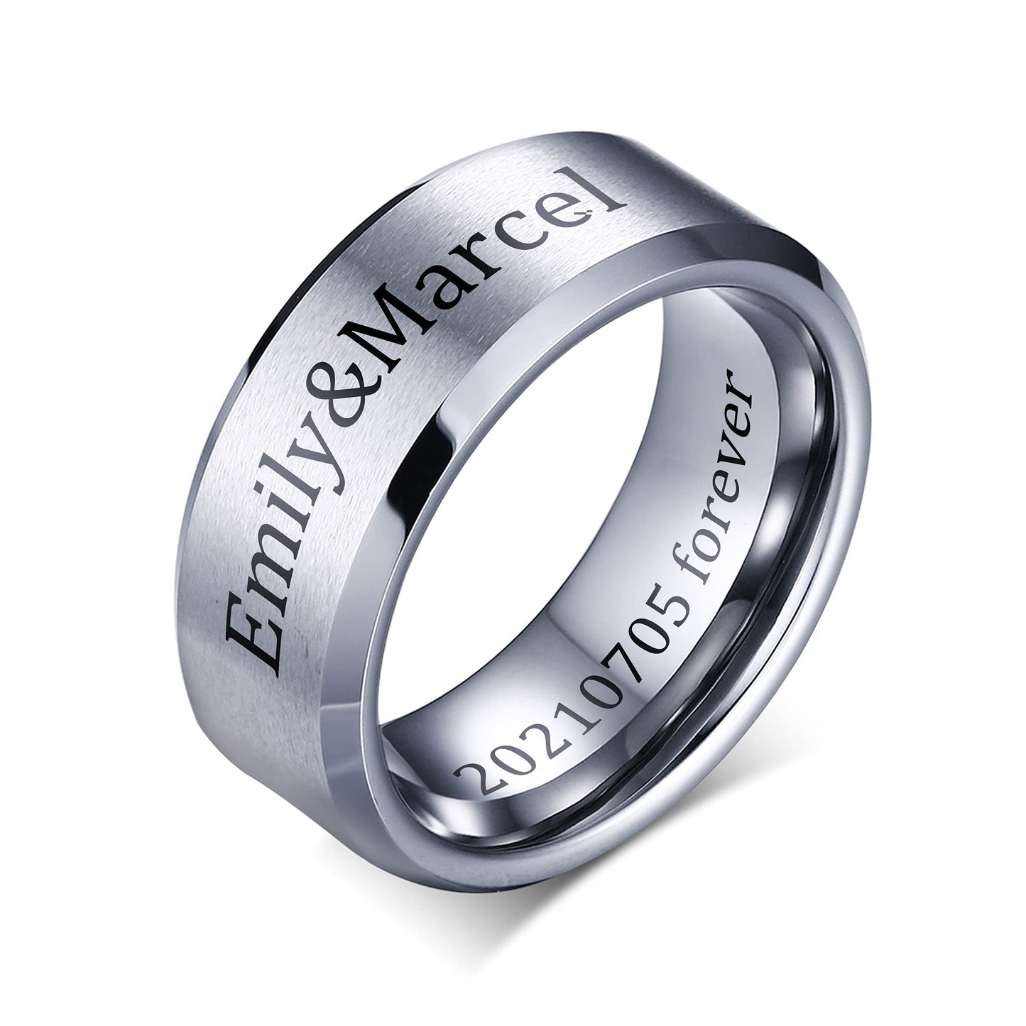 VNOX Mens 8mm Brushed Matte Tungsten Carbide Classical Simple Plain Personalized Custom Name Date Wedding Band Wedding Engagement Ring,Silver,Size 9