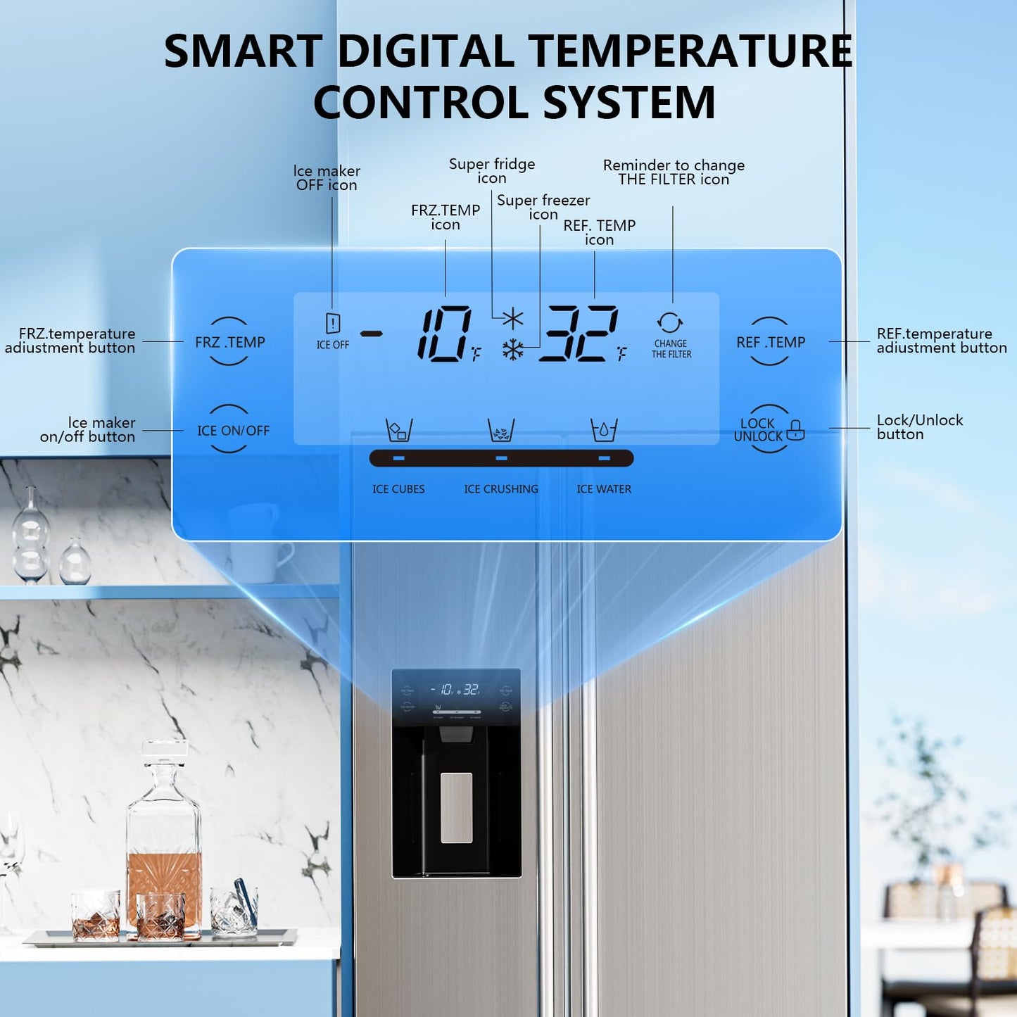 Antarctic Star 2 French Door Refrigerator Fridge, with Side Freezer &Water Dispensor,Nugget Ice Maker&Cube Ice,Adjustable Thermostat, 20 Cu Ft, Stainless Steel