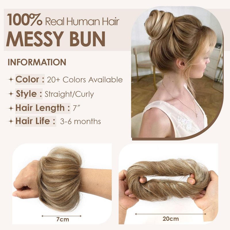KISANOF Messy Bun Hair Piece Human Hair Honey Brown Highlighted Bleach Blonde UElegant Chignon with Elastic Rubber Band(2 Count #P6-613 Honey Brown Highlighted Bleach Blonde