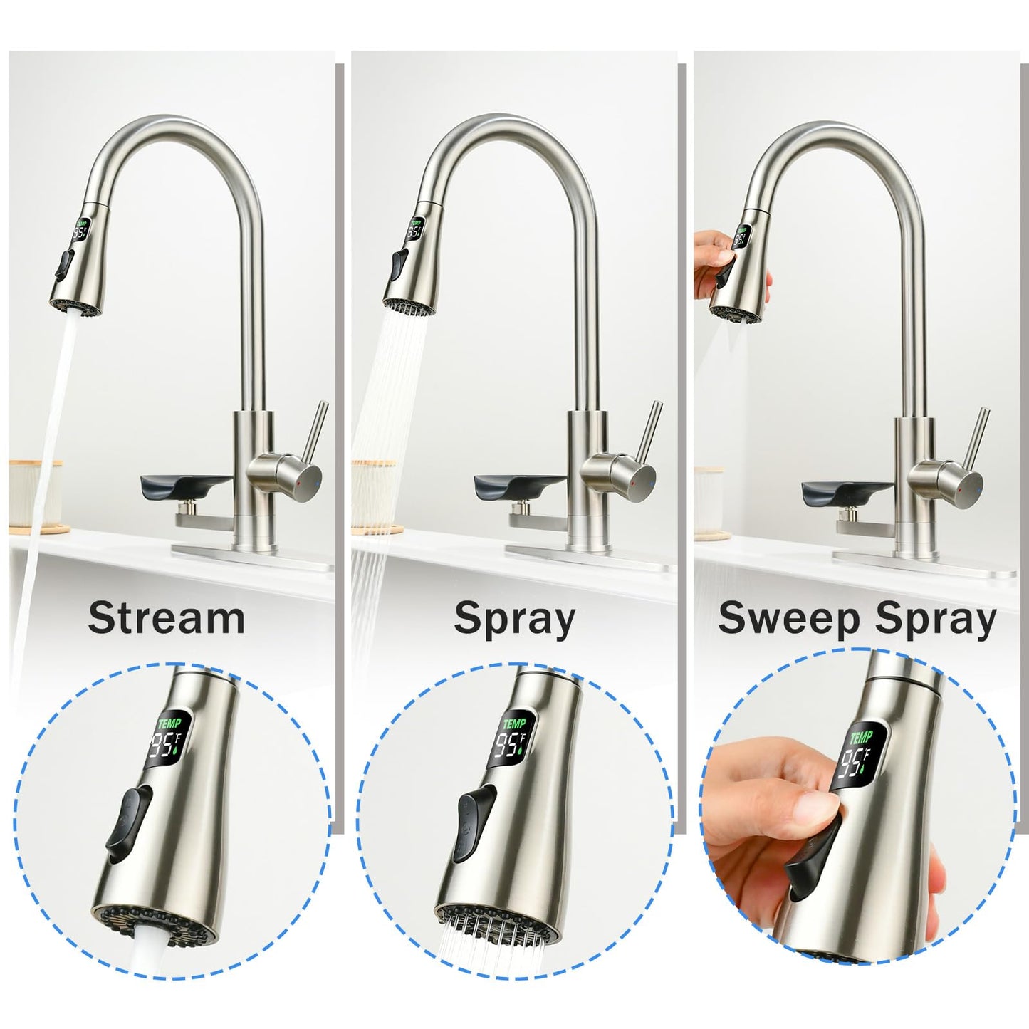 Kitchen Faucet with Glass Rinser, Pull Down Sink Faucet with 3 Spray Modes and High Pressure Glass Rinser, Temperature Display High Arc Stainless Steel Kitchen Faucets (Brushed Nickel)
