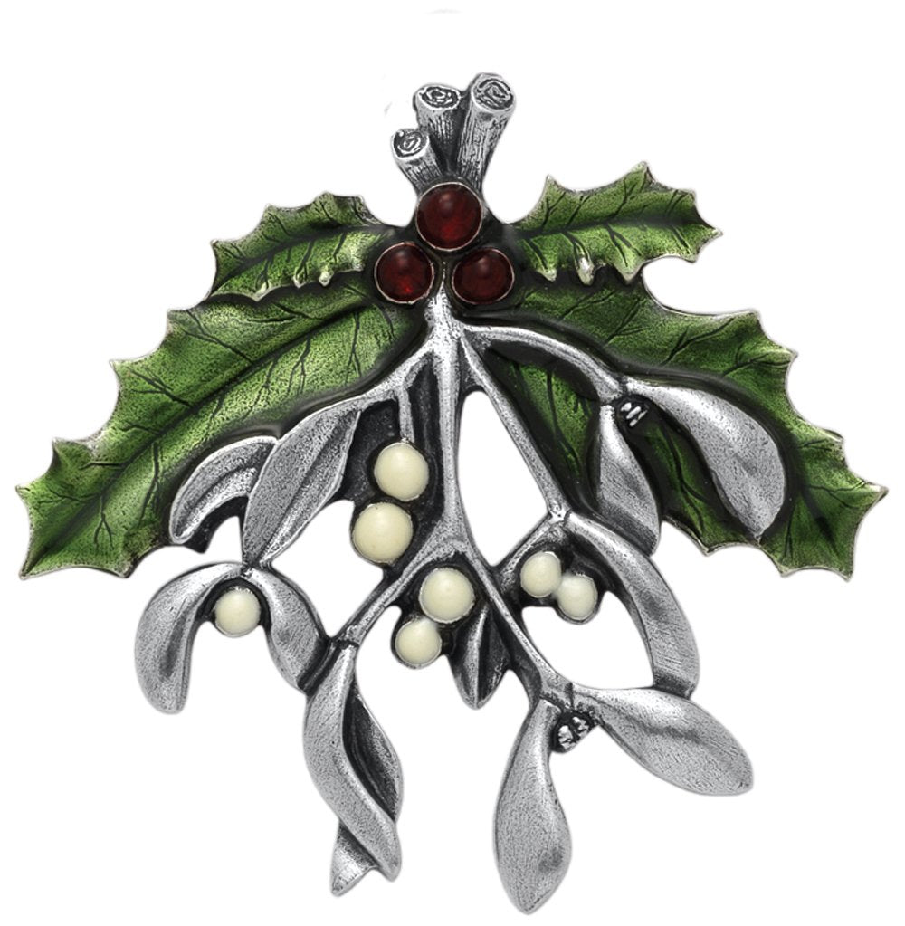 Danforth Mistletoe And Holly Brooch Pin For Women – Handcrafted Pewter Christmas Jewelry For Women – 2 3/8” Wide, Made In USA