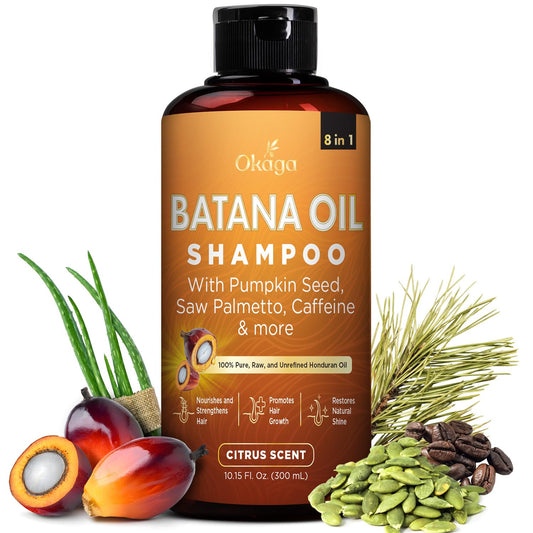 Batana Oil Shampoo for Hair Growth, Aloe Vera Leaf Juice, Saw Palmetto, Caffeine, Hydrolyzed Rice Protein, Pumpkin Seed, Castor & Rosemary Oils, 8-in-1 Natural Formula (10.15 fl oz Citrus Scent)