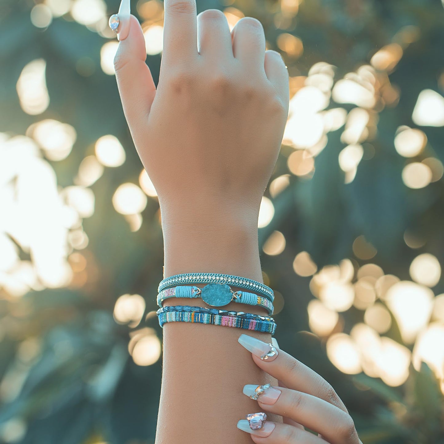 FANCY SHINY Boho Leather Wrap Bracelet Stackable Chunky Crystal Cuff Bracelets with Magnetic Clasp Cowboy Cowgirl Western Summer Beach Outfits Jewelry Gifts for Women (7.7", Boho Blue)