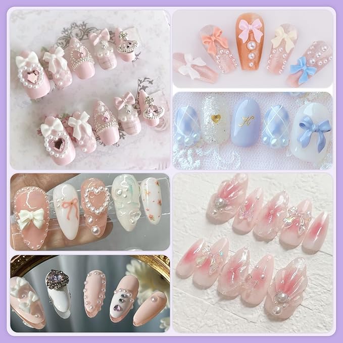 1 Box 3D Bow Nail Charms and Flatback Pearls Set 11, 120 Pcs Pink White Black Cute Bow Charms for Nail Design + 2-4mm White Nail Pearls with Pickup Tweezer and Pencil for Nail Art Decoration