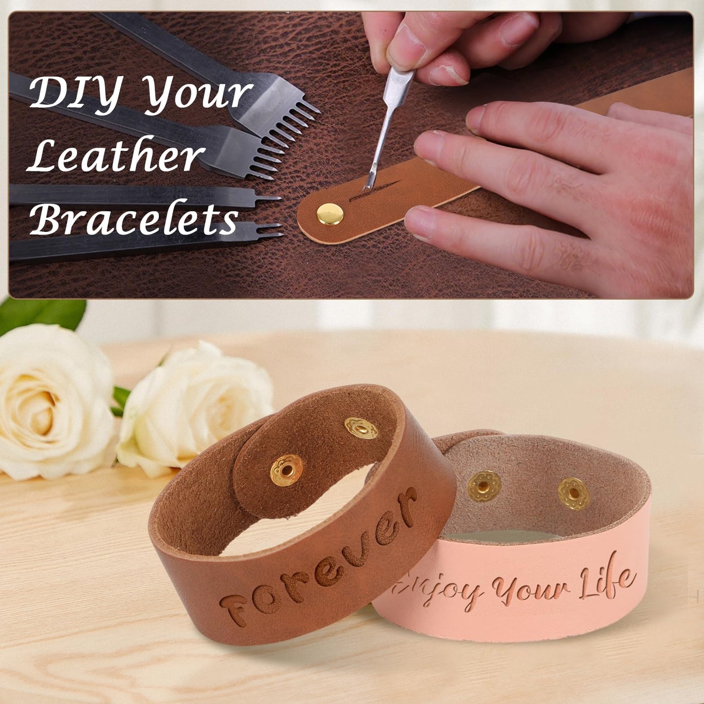 24pcs 4 Colors Adjustable Genuine Leather Bracelets 8.6x1 Inch,Blank Leather Bracelet Making Kit Plain Cuff Leather Bracelets Genuine Leather Bracelets for Women for DIY Craft Jewelry Making