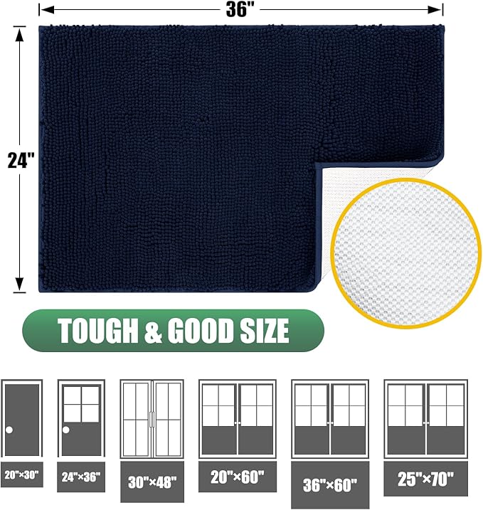 IM HOME Chenille Absorbent Outdoor Doormat 36" x 24", Washable Muddy Door Mats for Dog Non Slip Indoor Doormat Dog Mat for Muddy Paw Front Inside Doormats for Entryway Navy Blue