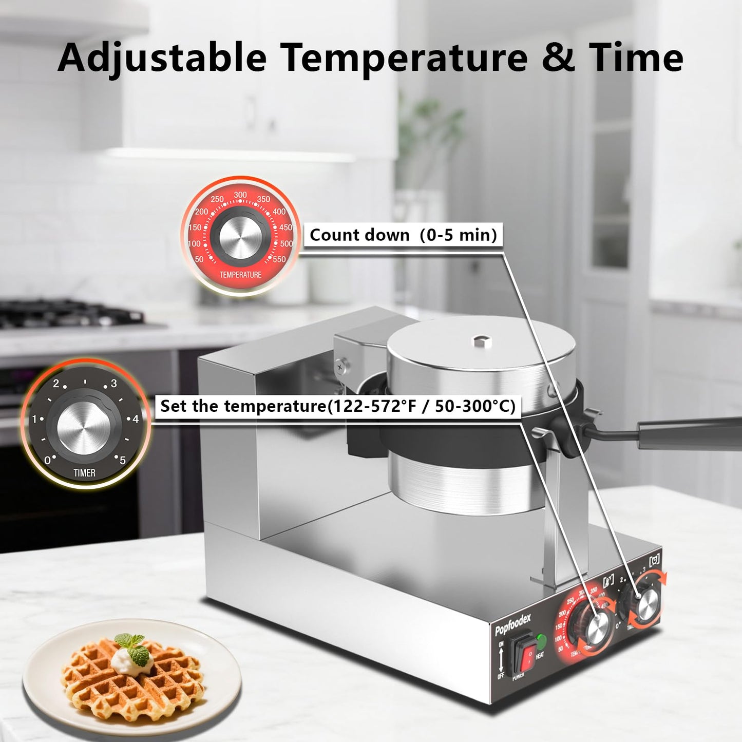 POPFOODEX Belgian Waffle Maker, 110V Industrial Waffle Maker w/Non-Stick Coating and Adjustable Temperature (122-572°F), 1200W Rotary Commercial Waffle Machine w/Timer, Restaurants and Food Trucks