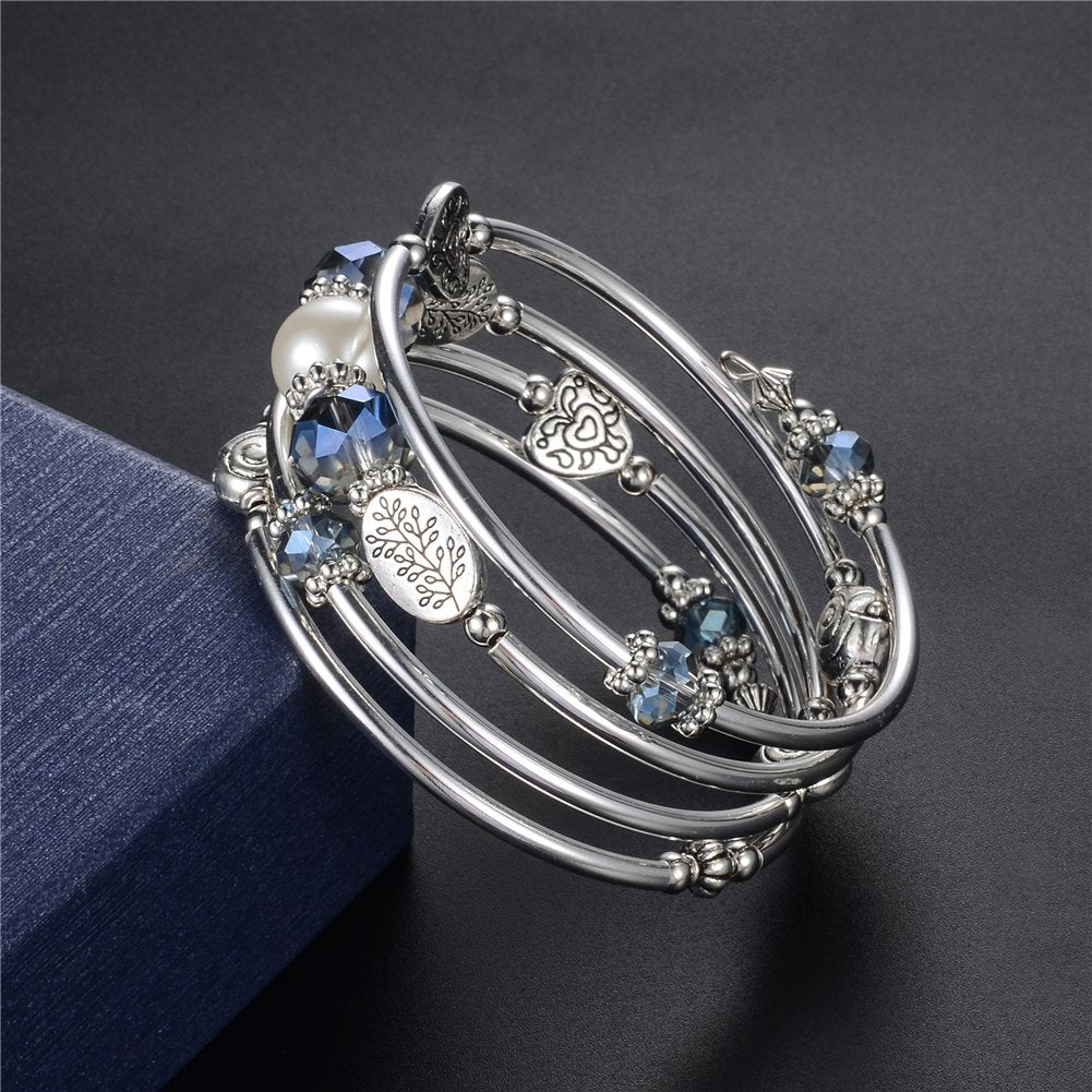 PEARL&CLUB Bead Crystal Wrap Bangle Bracelet - Fashion Jewelry Beaded Bracelet with Silver Metal, Gifts for Women(92-Blue)