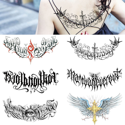 GLARYYEARS Words Temporary Tattoo for Adults, 6-Pack Large Realistic Back Chest Tattoos Stickers, Long-lasting Wings Quotes Inspirational Words Fake Tattoos, Makeup for Men Women Body Tramp Stamp
