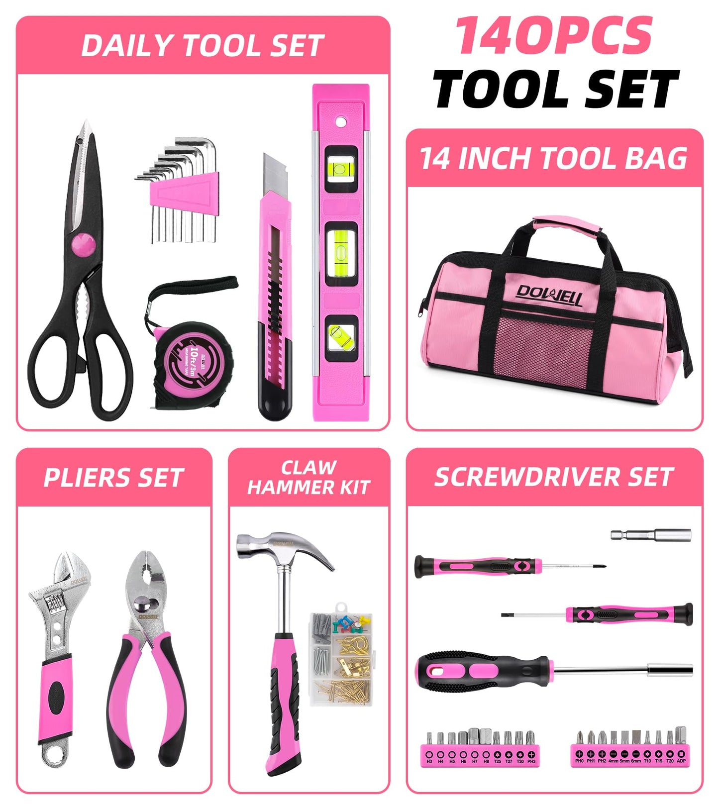 DOWELL Pink Tool Kit 140PCS for Women, Girls, Ladies, Household Tool Set with 14” Tool Bag