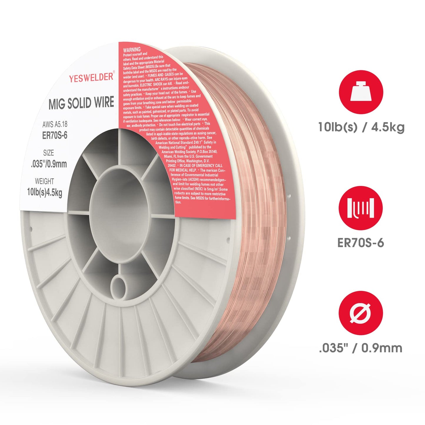 YESWELDER MIG Welding Wire, ER70S-6 Solid Carbon Steel, .035 Inch 10LB (0.9mm 4.5kg), High Feedability Strong ABS Plastic Spool MIG Wire