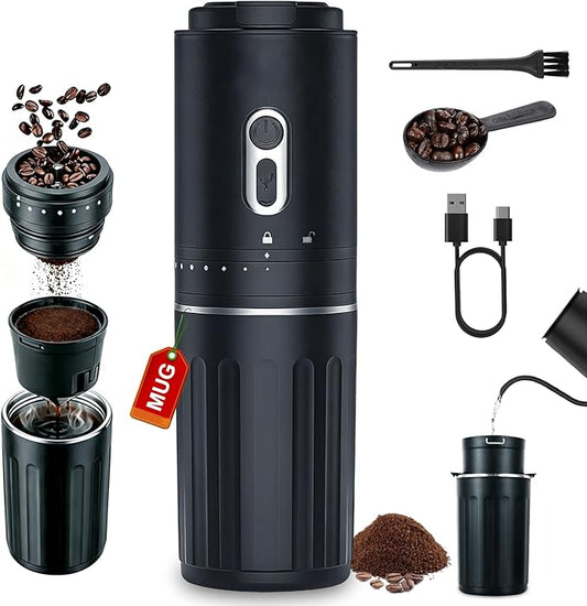 Portable Coffee Maker, Travel Coffee Maker, Portable Battery Pour Over Set, Rechargeable Coffee Maker with Electric Grinder & Insulated Mug for Travel, Camping, Car