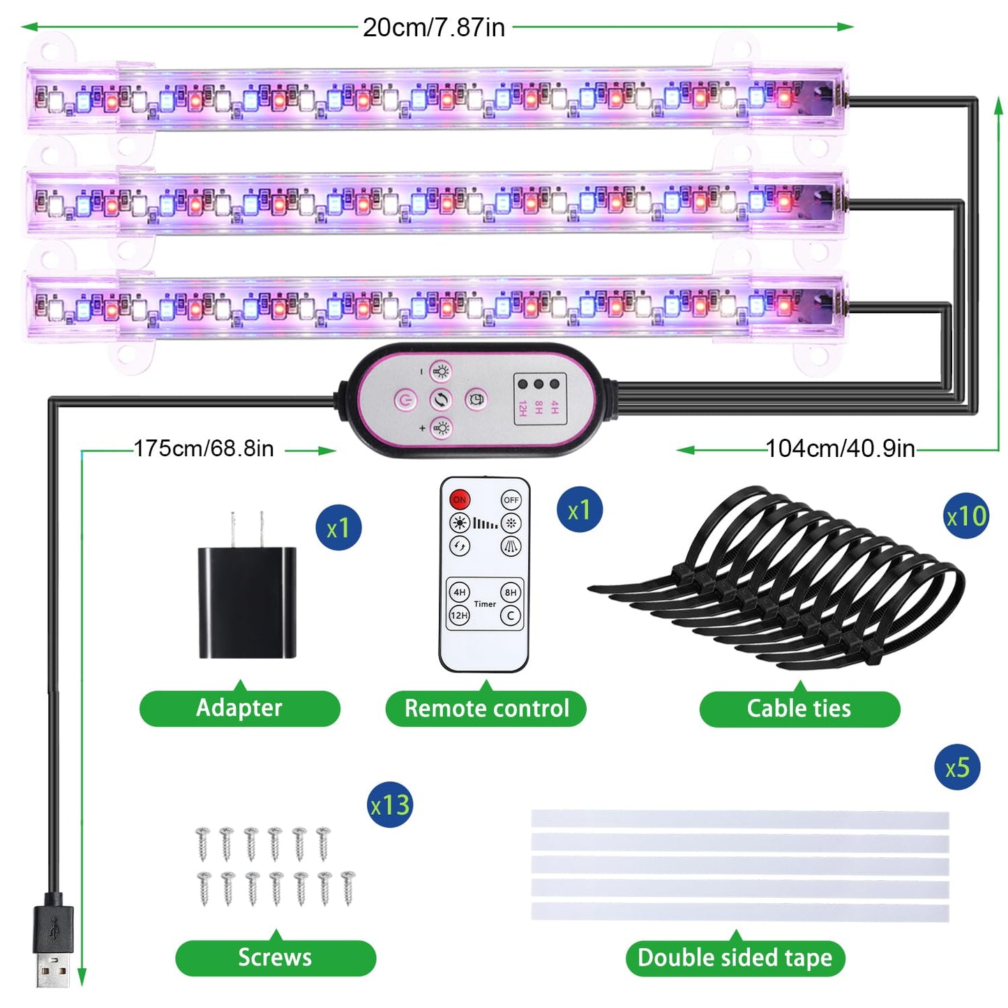 7.8'' 3 Head LED Grow Light Strips, Grow Lamps for Indoor Plants Full Spectrum, Plant Light with 4/8/12H Timer, 10 Dimmable Levels for Seedling Succulent,Best Match for Plant Shelf