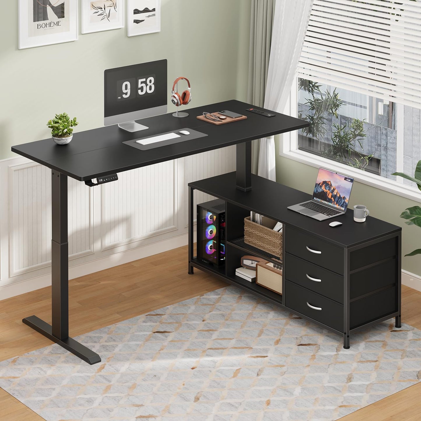 Gacfiew L Shaped Electric Standing Desk with Drawers & Shelves, Height Adjustable Corner Computer Desk with Power Outlets, 55 Inch Sit Stand Executive Desk with Storage for Home Office, Black