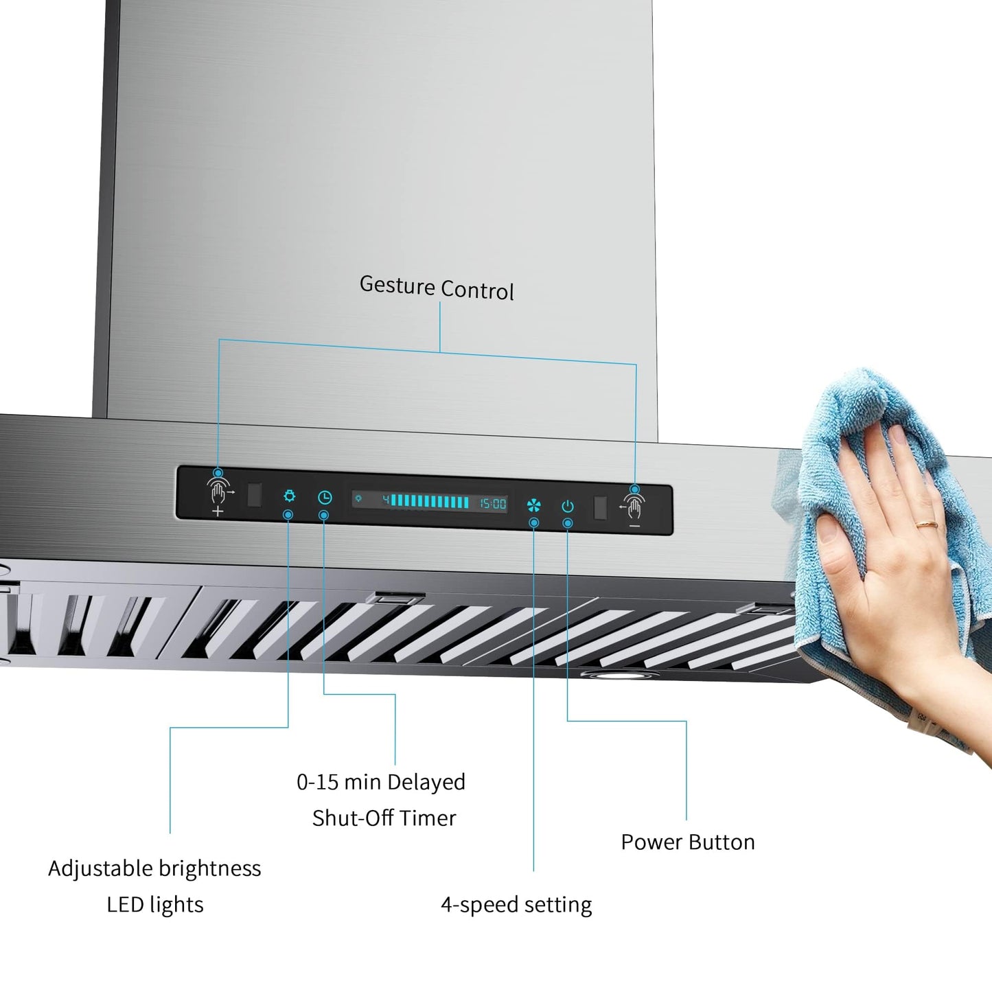 IKTCH Island Mount Range Hood 36 inch, 900 CFM Ducted Range Hood with 4 Speed Fan, Stainless Steel Hood Fan with Gesture Sensing & Touch Control with 3 Pcs Filter
