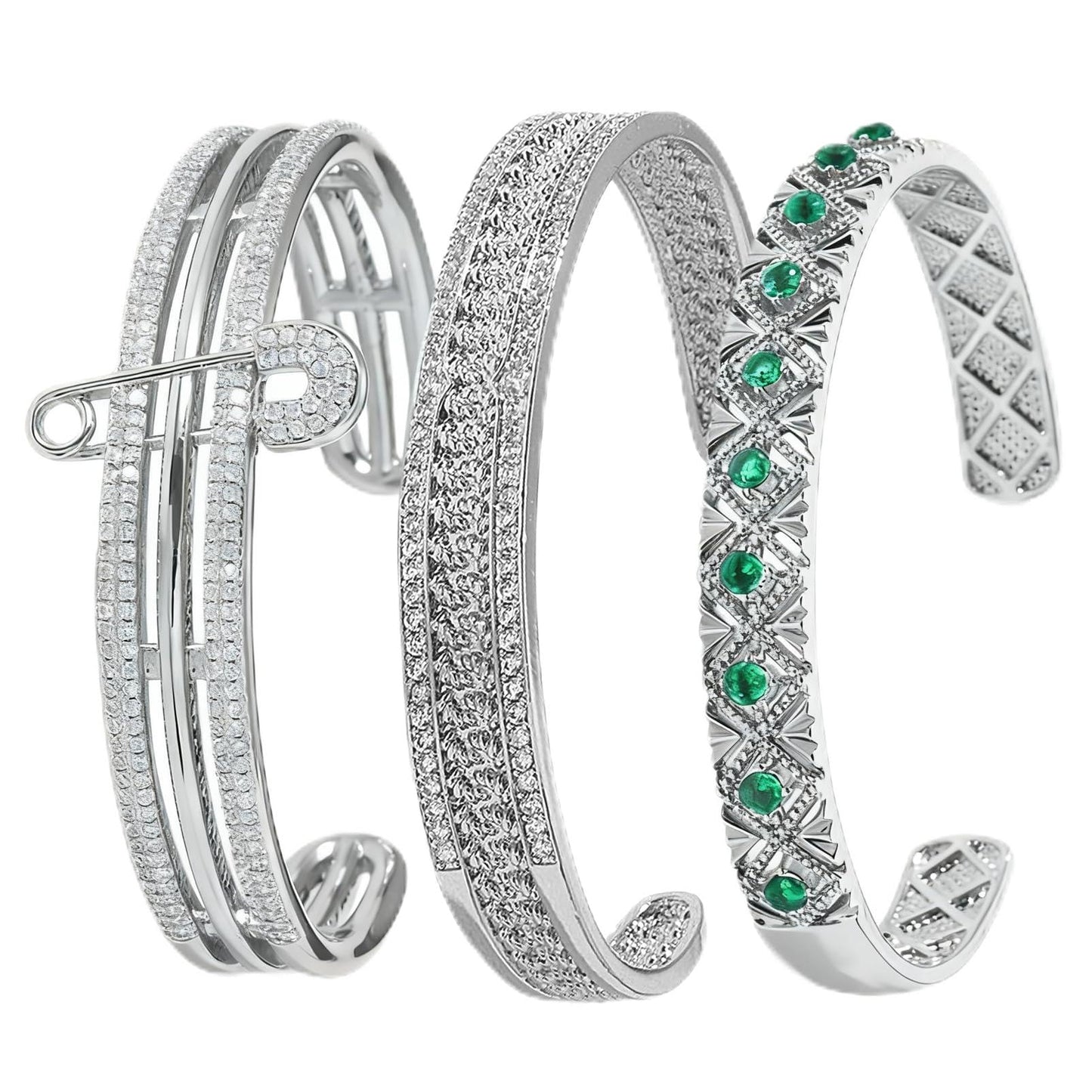 FIVESWEET 3PCS Open Cuff Bangle Bracelet Jewelry Set for Women, Zinc Alloy with 3A Zircon Silver Trendy Stackable Bracelets, 2.4 Inch Diameter Fits Most Adults,Gift for Her, Girlfriend, Wife, Mom, Sister, Lover on Birthday, Christmas, Valentine's Day, Mot
