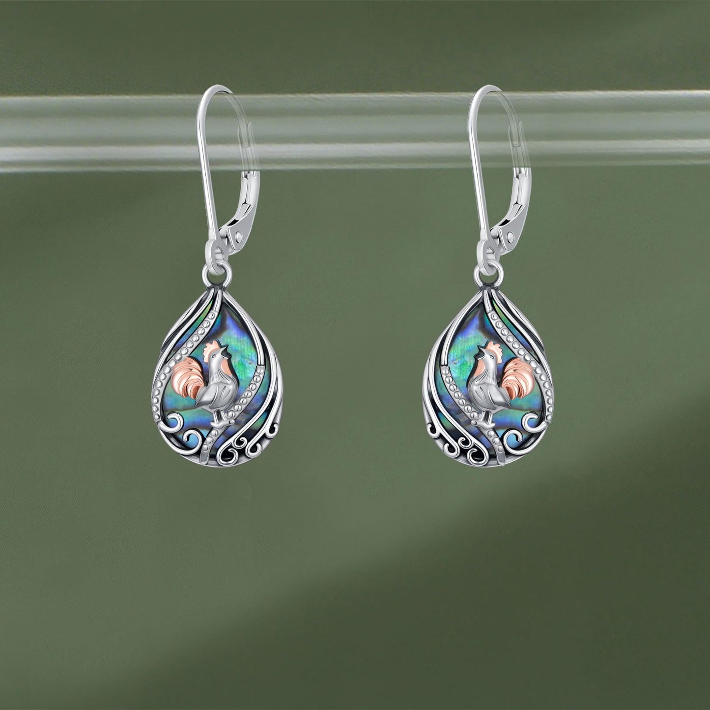 YYmqmq Chicken Earrings for Women 925 Sterling Sliver Abalone Rooster Dangle Earrings Leverback Chicken Jewelry Turkey Thanksgiving Gifts for Women Girlfriend
