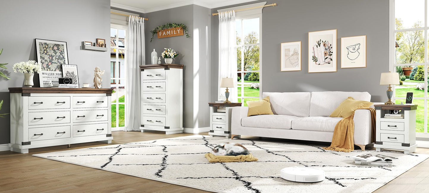 AMERLIFE Farmhouse 6 Drawers Dresser Chests for Bedroom, Wood Large Chest of Drawers/w Thick Plank Styling, Rustic Heavy Duty Closet Storage Dresser Organizer, Living Room, Hallway, Antique White