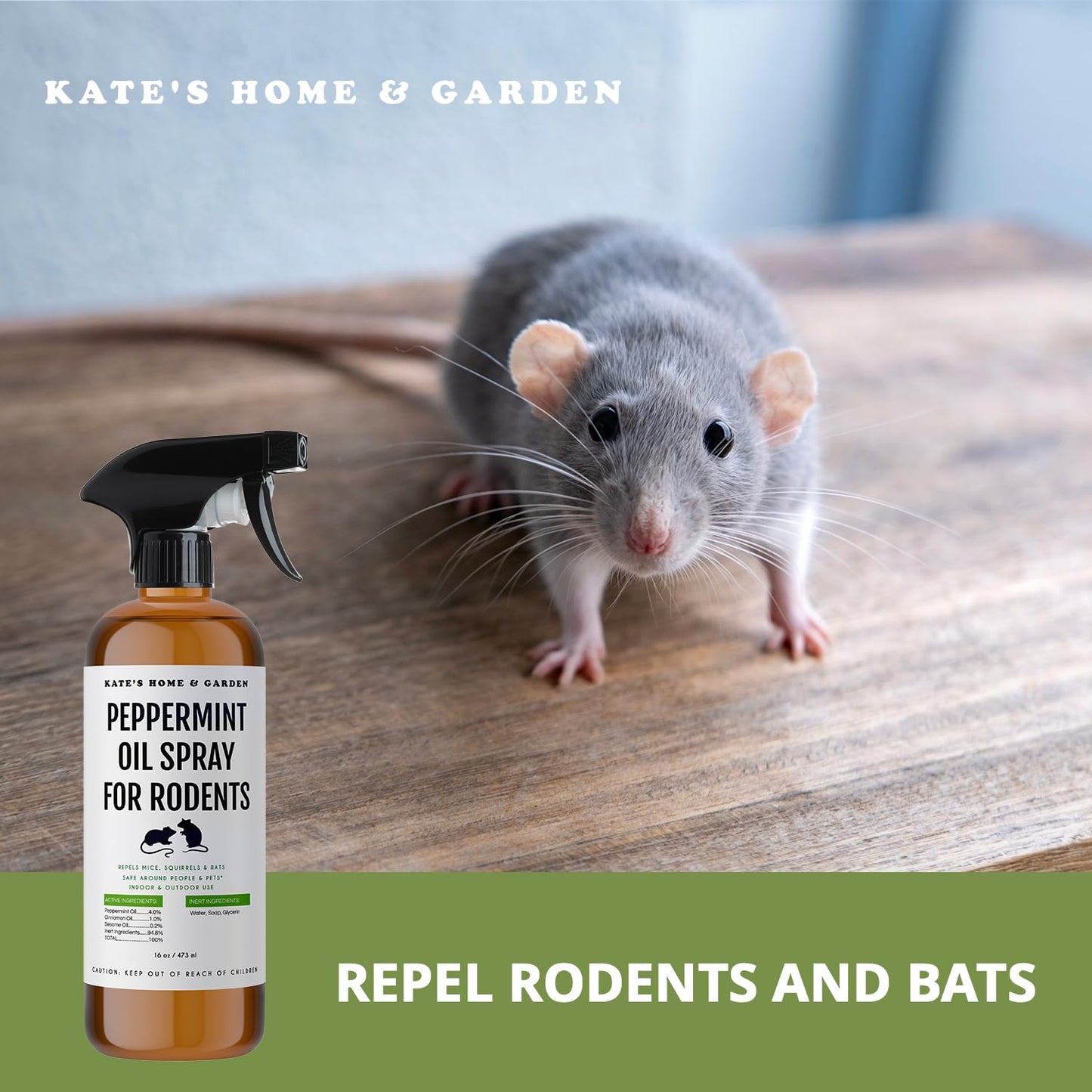 Kate Naturals Peppermint Oil Spray for Rodents, Squirrels, Mouse, Bat, Rat, Car Engines, Mice (16oz, Non-Toxic Rodent Repellent, Pet Safe)