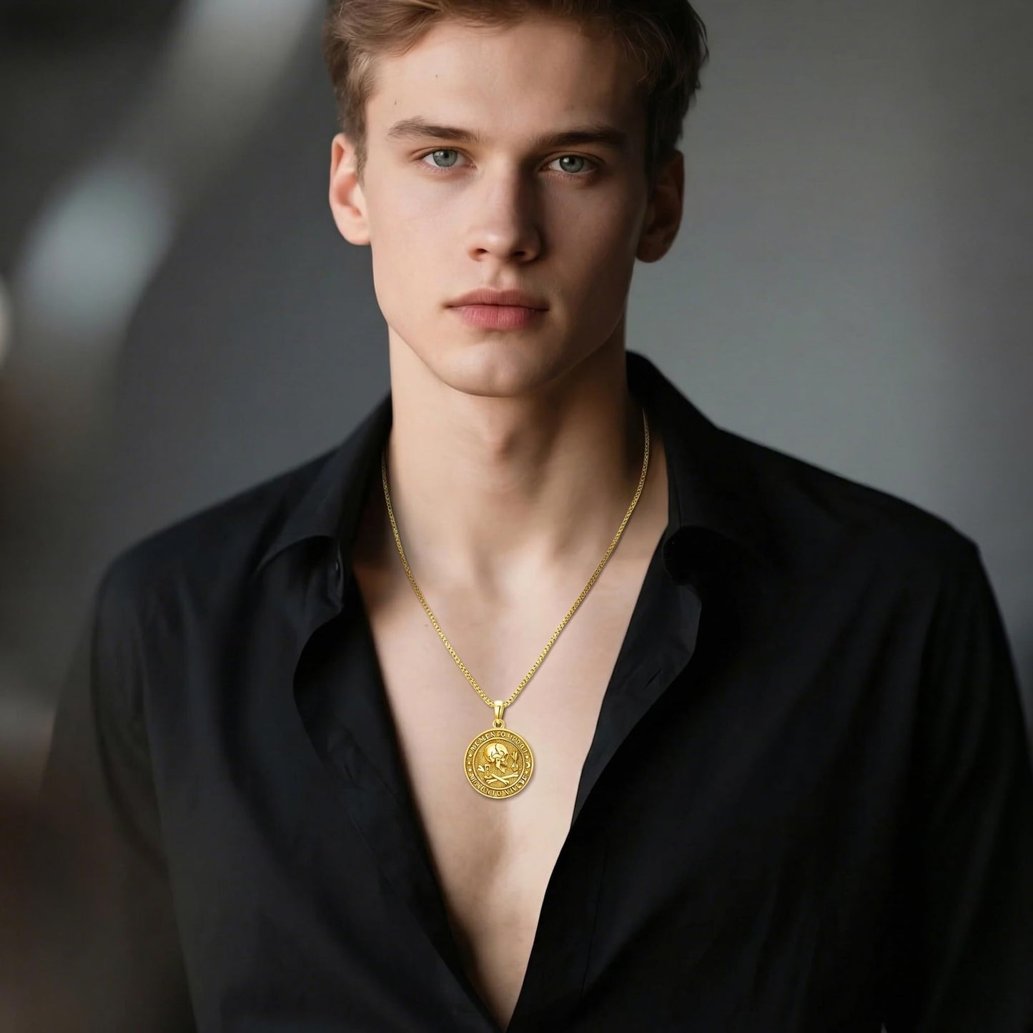 POIUY Memento Mori Necklace for Men Gothic Gold Skull Pendant Stoicism Mori Jewelry Tree of Life Amulet Protection Gifts for Men Women 22+2 Inch Chain