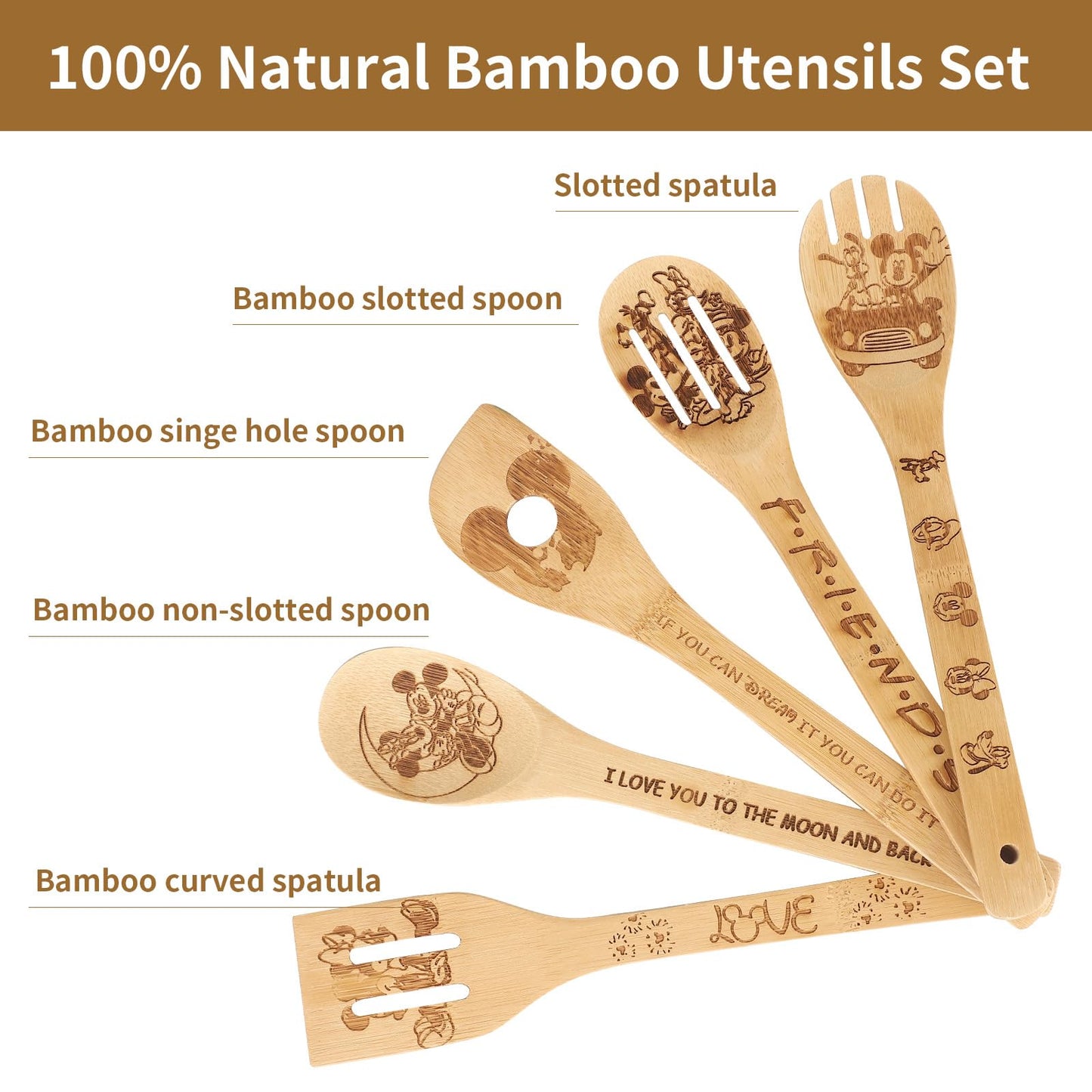 Wooden Spoon for Cooking- Cartoon Wooden Spoons Bamboo Utensils Set Kitchen Decoration- Birthday Gift Kitchen Accessory with Cute Apron Oven Mitt Potholder- Best Kitchen Gifts for Women Friends (Grey)