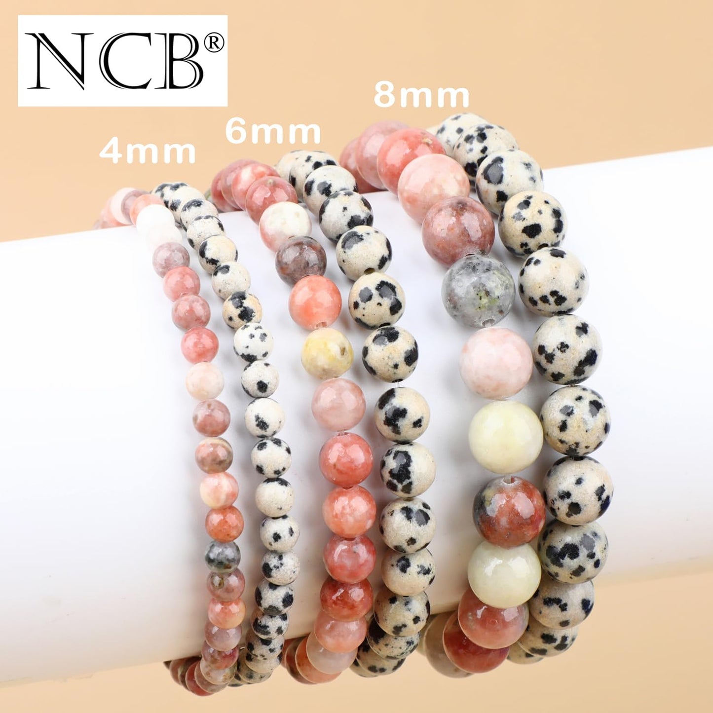 NCB 2-Piece 6mm Natural Crystal Gemstone Stretch Bracelets – ﻿Dalmation Jasper, Red Plum Blossom Stone Handmade Reiki Energy Healing Jewelry for Meditation,Yoga, Unisex