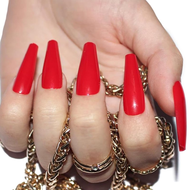 Allkem Press On Nails - Hot Red Glossy Extra Long Ballerina Multipack | 10 sizes - 100 pcs False Nails Full Cover Nail Kit with Glue
