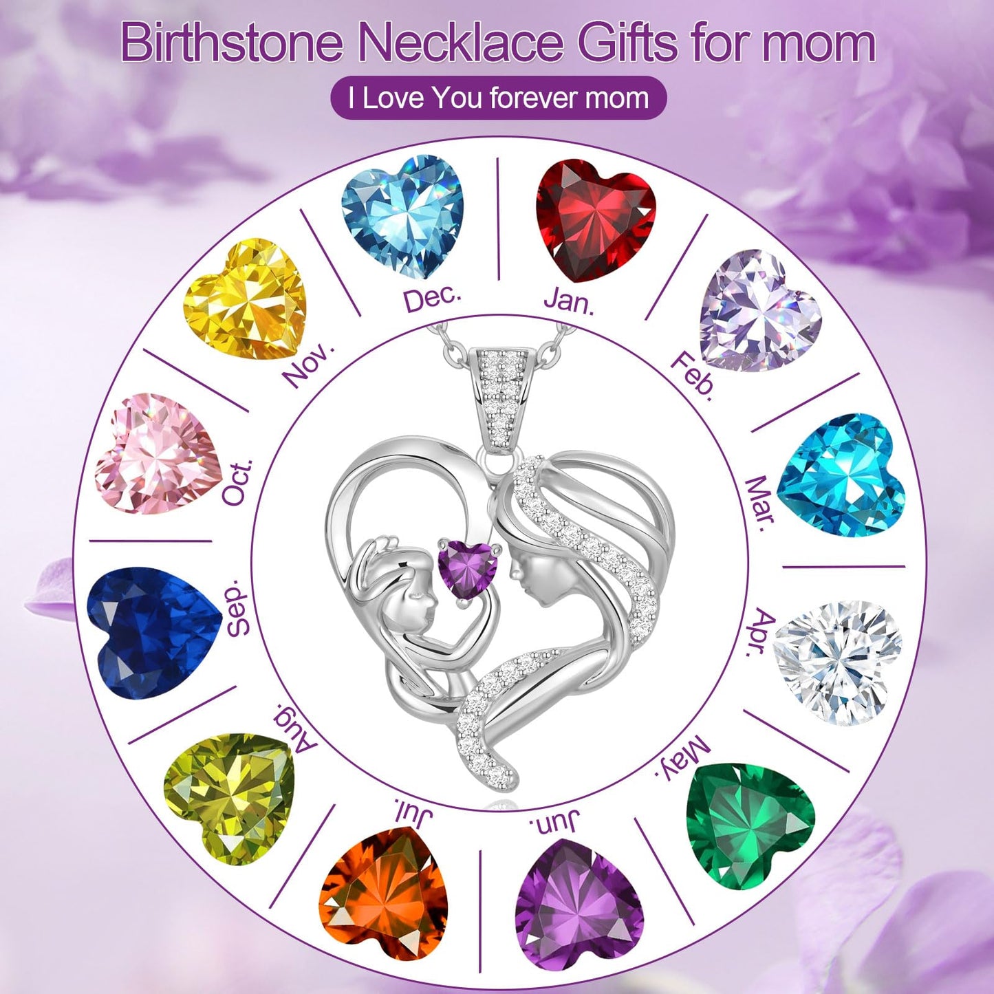 Zifeel Mothers Day Gifts for Mom Wife Her Grandma, S925 Sterling Silver Birthstone Necklaces Jewelry for Women, Mother's Day Love Heart Pendant Necklace for Anniversary Birthday Christmas Day
