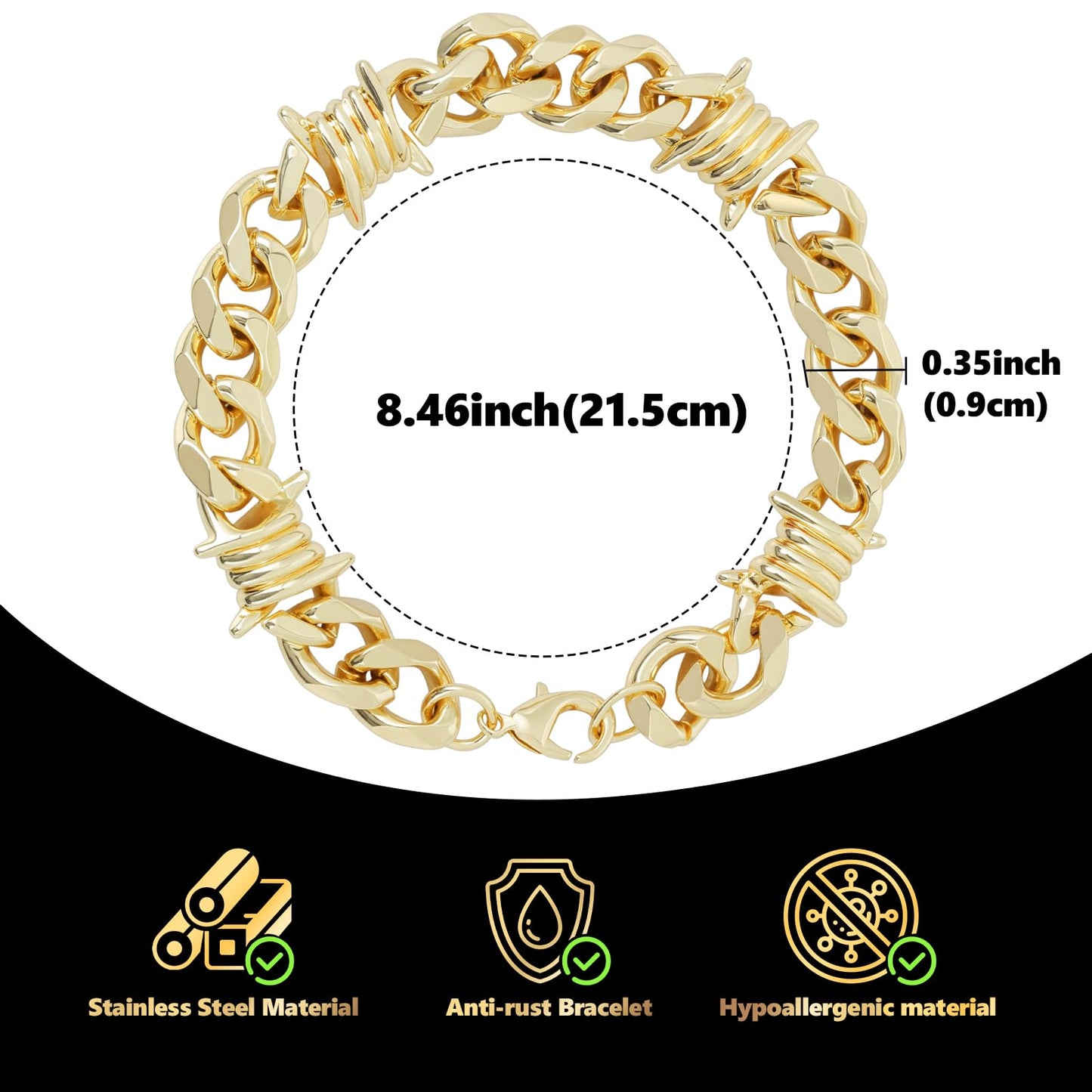 LuxGoth Stainless Steel Barbed Wire Thorns Chunky Cuban Link Chain Bracelet Gothic Punk Rock Biker Vintage Viking Brambles Link Curb Bracelet Jewelry for Men Women Gold GTS-B1B45052