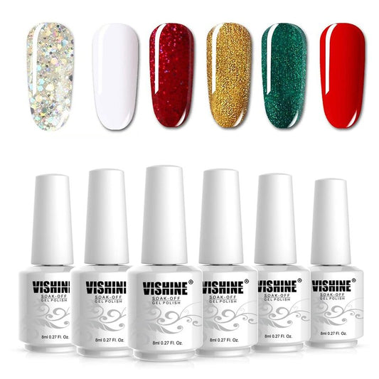 Vishine Christmas Collection Gel Nail Polish Set - Winter Glitter Series 6 Colors Nail Art Set, UV LED Soak Off Gel, 8ml