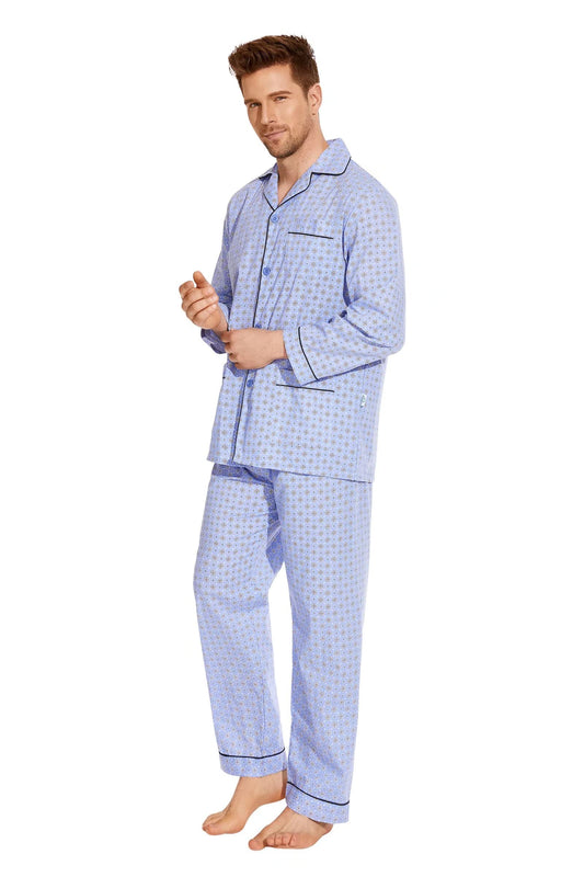 GLOBAL Mens Pajamas Set, 100% Cotton Woven Drawstring Sleepwear Set with Top and Pants/Bottoms,Medium