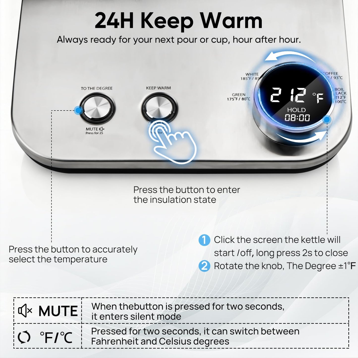 COZII Gooseneck Electric Kettle with ±1°F Temperature Control, 1200W Quick Heating for Pour Over Coffee & Tea, 0.9L Water Boiler with 24H Keep Warm & Auto Shut Off, Stainless Steel Interior, Silver
