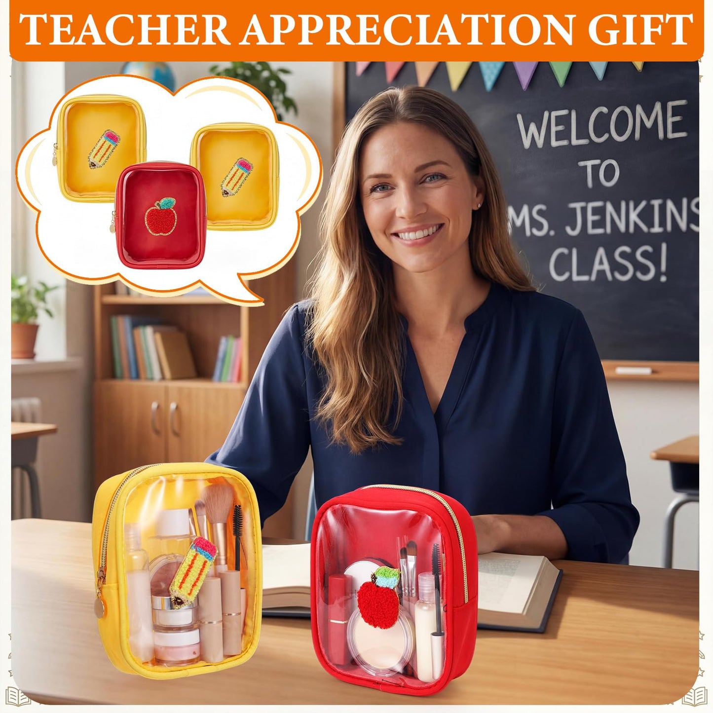 Sunnymove 12 Pcs Teacher Appreciation Gifts Bulk – Clear Makeup Bag Pouch with Chenille Patches and Zipper, Teacher Pencil Pouch Survival Kit, Graduation Retirement Teachers Thank You Gifts for Women