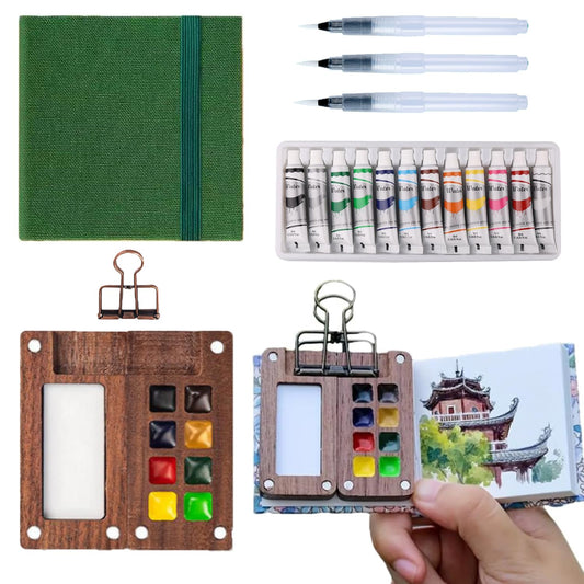 Aimery Mini Watercolor Paint Travel Set, Portable Pocket Size Water Color Painting Kit with Wooden Palette, Refillable Brush & Sketchbook(Pine Green) – Gift for Birthdays, Beginners, Art Lovers
