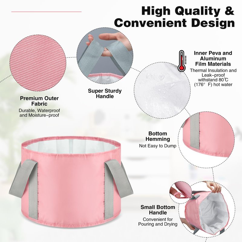 Maxcheck 14L 6 Pcs Pink Collapsible Foot Basin Tub Portable Soaking Feet Bath Bag Foldable Bucket with Handles Pedicure Foot Spa Tub for Travel Camping Outdoor Washing