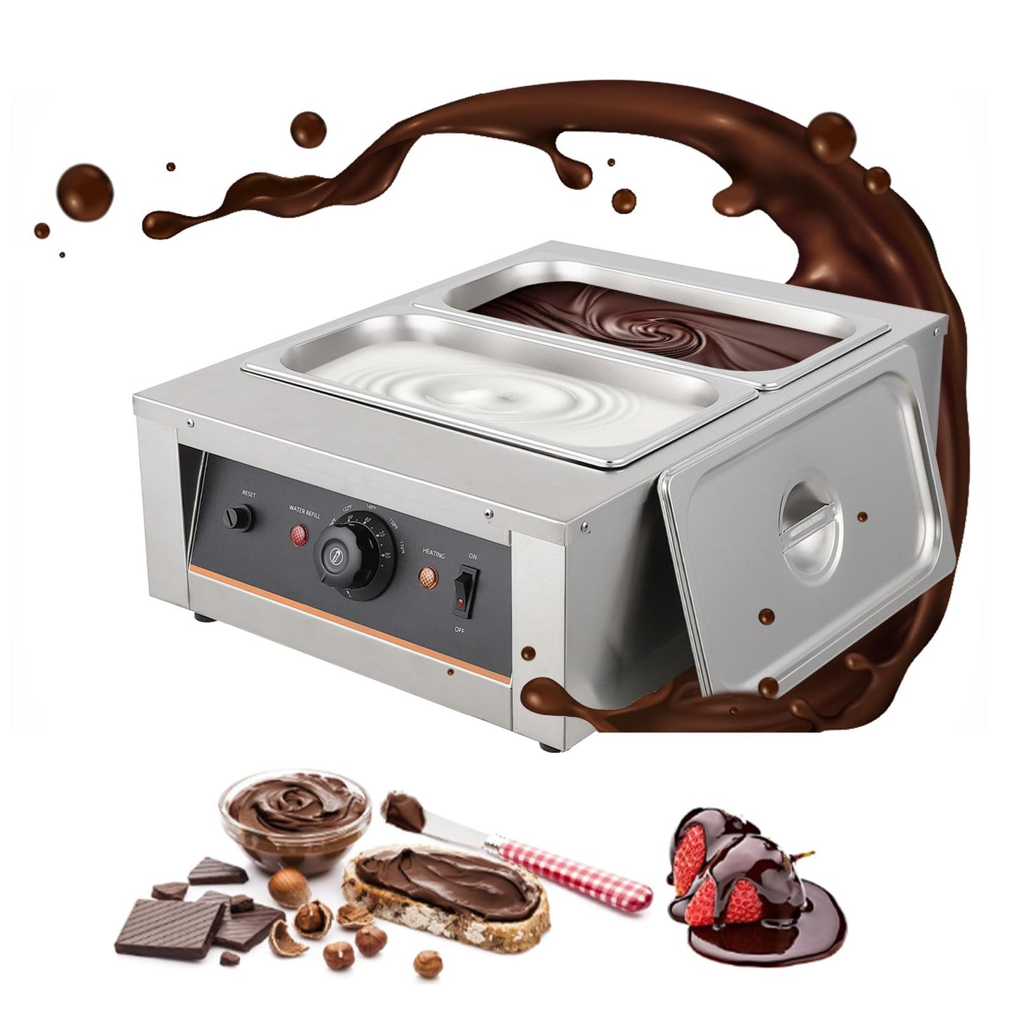 Chocolate Tempering Machine,4.12 QT*2 Stainless Steel Double Boiler Melter with Adjustable Knob (32-176°F), 800W Commercial Chocolate Warmer for Melting Candy, Cheese, Fondue, Home Bakery，