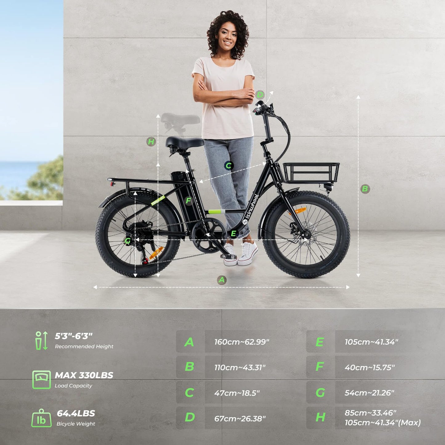 isinwheel U7 E Bike for Adults Electric Bike with Dual Cargo Rack, 48V 1000W Peak Ebikes for Adults, 7 Speed Gear, 20mph Step Thru Cruiser Electric Bicycles, 20" × 3“ Fat Tire Ebike