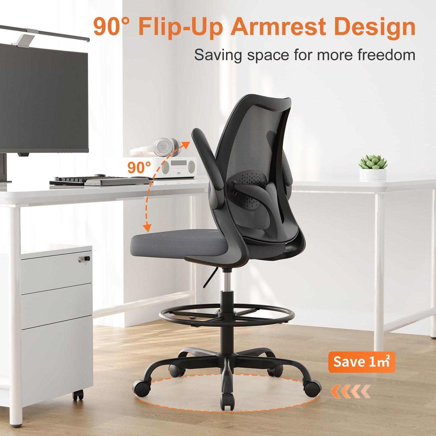BERYTH Tall Office Chair for Standing Desks,High Desk Drafting Chair with Adjustable Footrest Ring,Ergonomic Lumbar Support,Flip-Up Armrests for Home Office,Grey