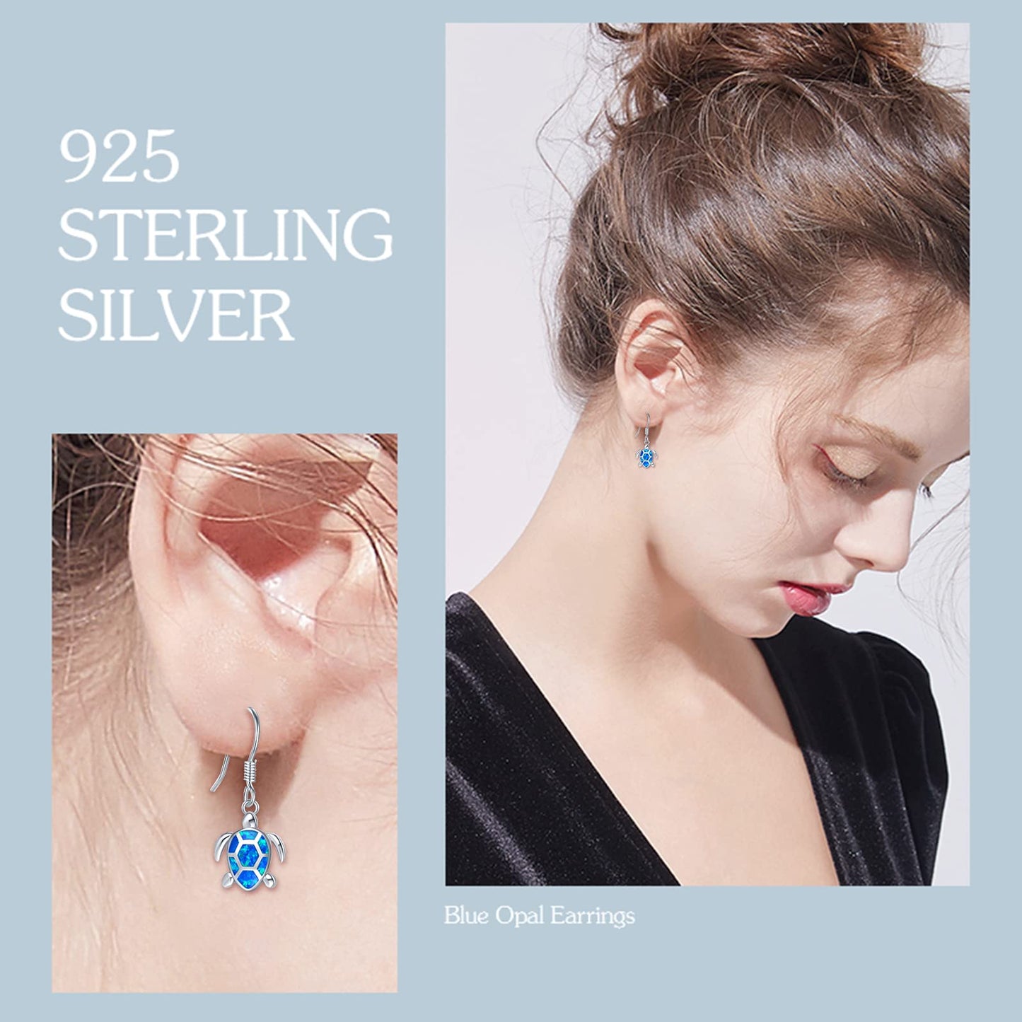 Sea Turtle Earrings,Sterling Silver Hawaiian Beach Themed Stud Earrings Tortoise Animals Drop Dangle Blue Opal Ocean Tarnish Resistant Jewelry Gifts for Women Girlfriend Mom Mother Sister (Leverback Turtle Earrings)