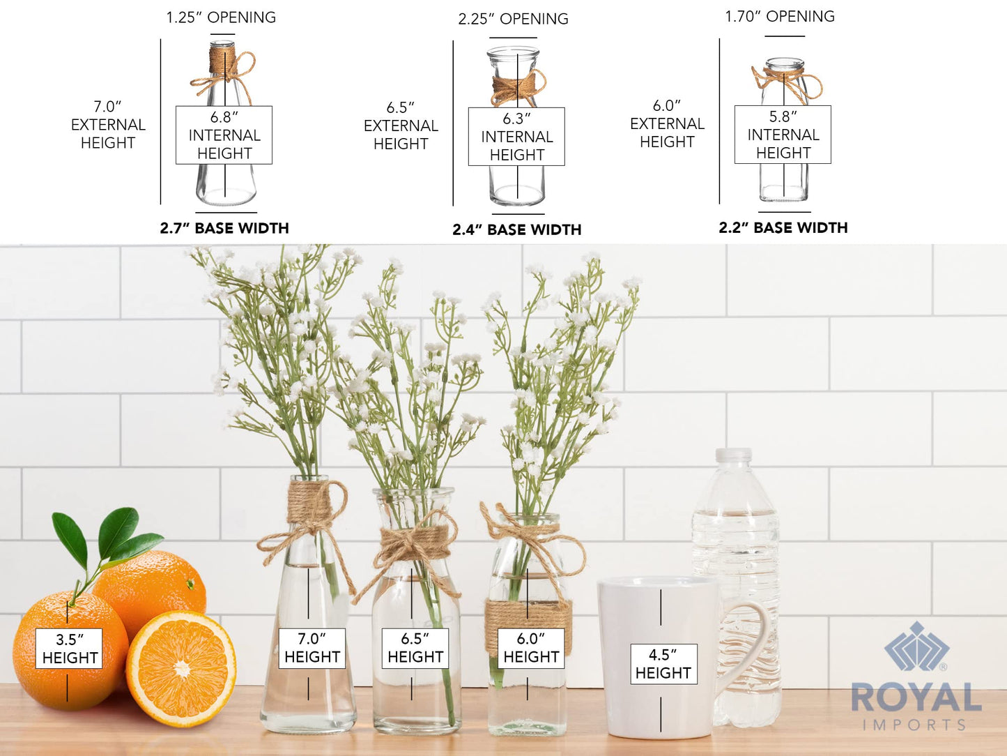 Royal Imports Clear Glass Bottle Bud Vase, Small Single Stem Flower Centerpiece, Mini Decorative Floral Jars, Rustic Farmhouse Home Decor, Kitchen, Fireplace, Shelf, Narrow One Rose Holder, Set of 3