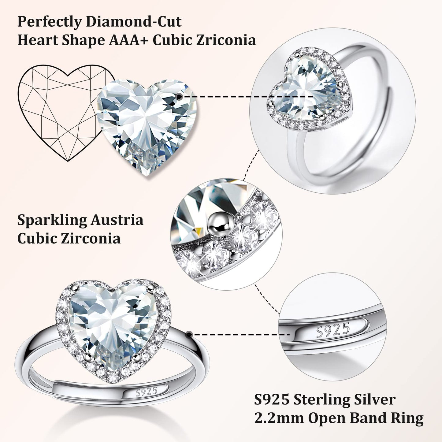 Bestyle 925 Sterling Silver Heart Cut Gemstone Cubic Zirconia Rings for Women April White Diamond Rings, Statement and Promise Ring for Engagement/Wedding/Anniversary/Valentines Day